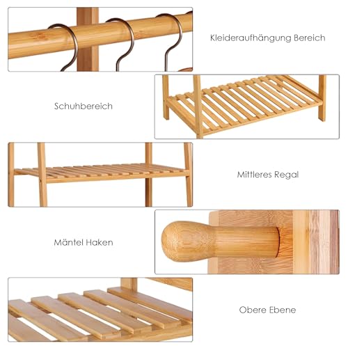 FOREHILL Kleiderständer mit Ablagen Garderobenständer Bambus Kleiderstange mit Anti-Kipp-Vorrichtung für Kleidung Schuhregal Taschen 164x70x42cm
