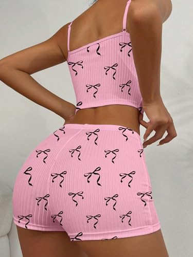 Image of Hilinker Womens Graphic 2 Piece Pajama Set Summer Cute Crop Cami and Shorts Ribbed Lounge Sets