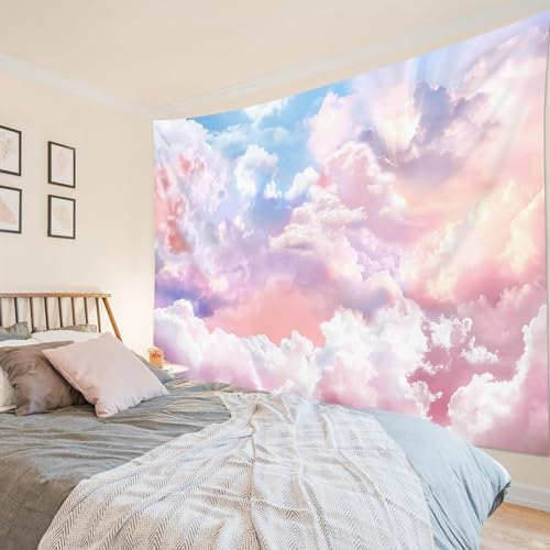 HVEST Rosa Wolke Wandteppich bunte abstrakte Wolken natürliche Landschaft Wandbehang für Schlafzimmer Wohnzimmer Teenager Schlafsaal Indie Dekor Poster Decke, 240 x 180 cm