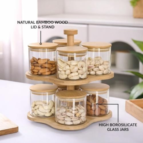 Image of Borosilicate Glass Storage Jar Set with 360 Rotating Bamboo Stand Set of 8, 350ml Airtight Glass Containers with Bamboo Lids, 2-Tier Dry Fruit Storage Organizer for Nuts, Snacks, Spices