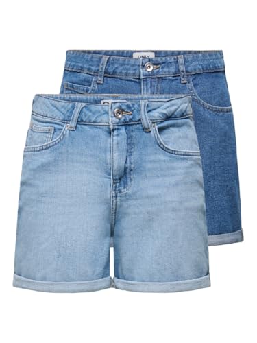 ONLY Damen ONLVEGA HW MOM DNM Shorts 2PACK Kurze Hose Jeansshorts Light Blue Denim/Medium Blue D XL