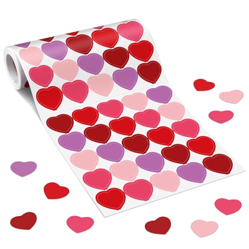 Tenceur 1000 Pcs Valentines Heart Stickers for Kids, 5.3 in Red Heart Stickers Roll Pink Purple Sticker for Valentines Party Favors, Kid Reward Classroom School Supplies, Wedding Envelope Packaging