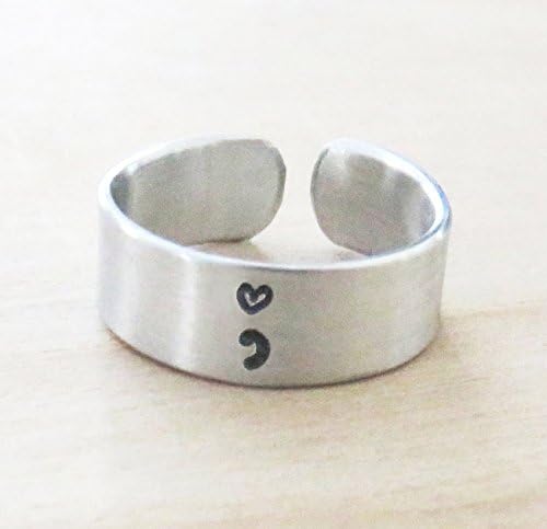 Semicolon heart ring inspirational ring recovery gift suicide awareness jewelry