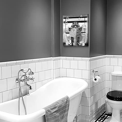Funny Bear Wall Art Black And White Bear Bathroom Print Farmhouse Bathroom Animals Wall Decor Bear Sitting In Toilet Reading Newspaper Painting Framed Artwork For Toilet Bathroom 12X16 Inch #TOP6