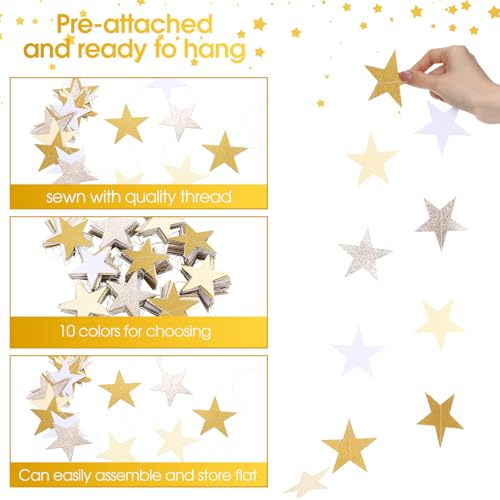 Image of Patelai 130 Feet Glitter Star Garland Banner 2026 Party Decoration Double Side Star Hanging String Streamer Paper Twinkle for Graduation Wedding Birthday (Glitter Gold and Champagne Gold,White)