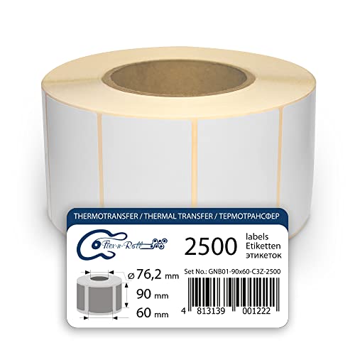 FLEX-N-ROLL Thermotransfer-Etiketten Versandetiketten - 90 x 60 mm - 2500 Thermo Transfer Papier glänzend auf 1 Roll(n), 3 Zoll Kern, Standard- und Industriedrucker, permanent Cover