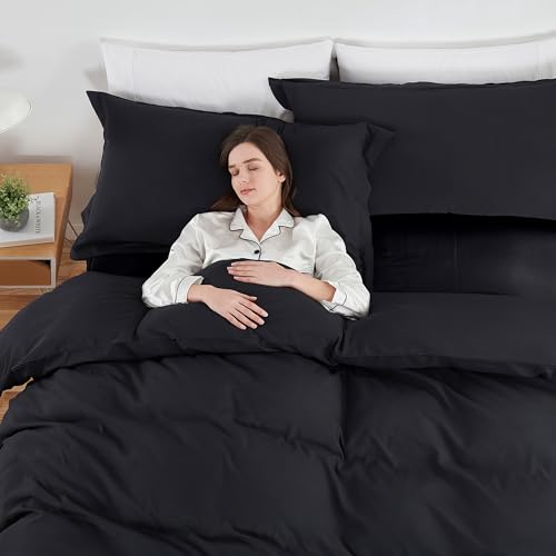 Image of Hearth & Harbor Black Duvet Cover with Fitted Sheet King Size | 4 Piece Soft Double Brushed Bedding Set, Button Closure, 1 Duvet Cover 104x90 Inches, 1 Fitted Sheet, 2 Pillow Shams