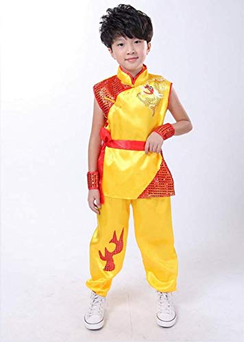 QJHP Chinese Kung Fu Boy Waist Drum Dance Suit, Sanda Chinese Kung Fu Wing Chun Martial Arts for Young Children, Child Boy's Embroidered Dragon Tai Chi Suit Set Uniforms