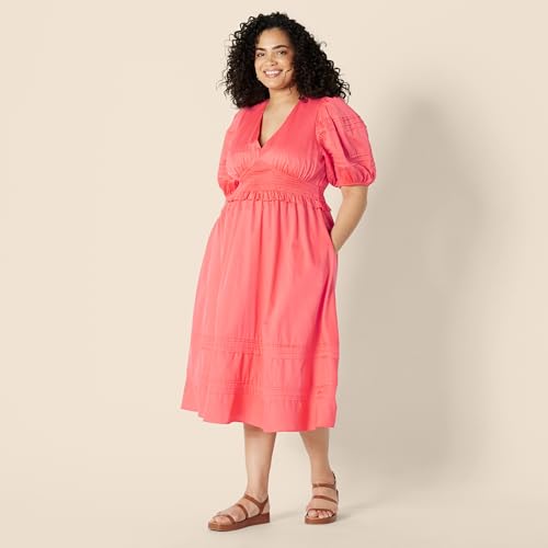 Image of Amazon Essentials Women's Regular-Fit Cotton Sateen Puff Sleeve Midi Dress, V-Neck