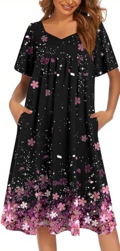 Image of Ekouaer Women's House Dress - Pleated Nightgown with Short Sleeves & Pockets