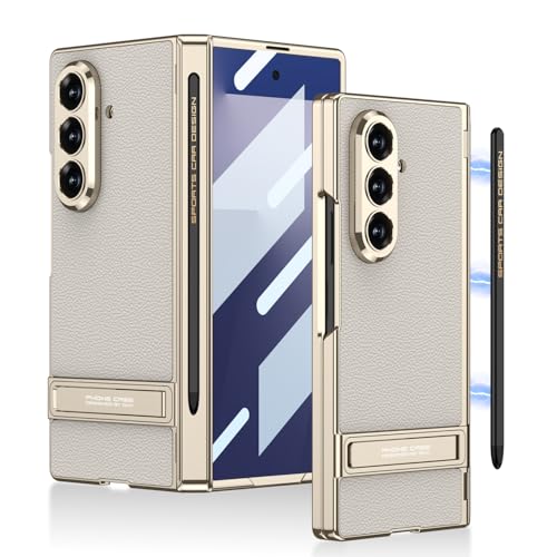 Image of Midkart Magnetic Cover Compatible with Samsung Galaxy Z Fold 7 Release 2025 with Pen Holder and Pen Hinge Protection Kickstand Electroplated Camera Protection, Beige & Gold