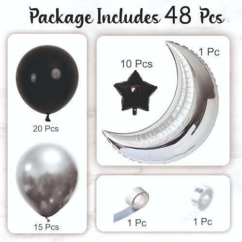 Image of Black and Silver Balloon Garland Kit, 48 Pieces, Moon and Star Foil Balloons for Birthday Decoration, Home decor