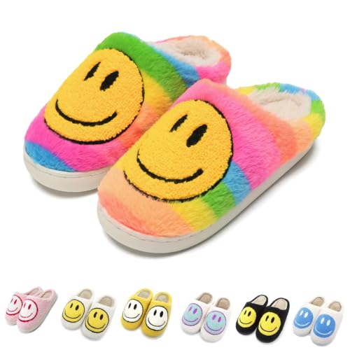 Cute Smile Face Slippers, Fuupnn Retro Soft Plush Furry Fluffy Indoor Outdoor Shoes Comfy Warm Fleece Lined Fuzzy Slip-on Cloud sliders with Memory Foam Happy Face Slippers Couples Cute Cartoon Non Slip Smile Slippers for Winter