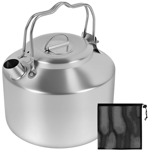 1.3L Heavy Duty Camping Kettle with Double Handle Stainless Steel Short Nozzle Design Portable Camp Tea Coffee Pot with Storage Bag for Camping Hiking Picnic BBQ Outdoor Activity