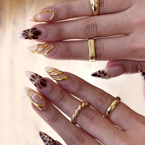 Image of Brown Flower Press on Nails Leopard Fake Nails Medium Almond False Nails with Gold Design Nude Glue on Nails Glossy Artificial Acrylic Full Cover Stick on Nails for Women Manicure 24Pcs