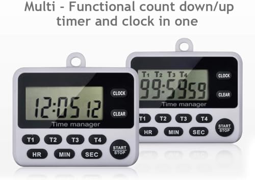 XREXS 4 Channels Digital Kitchen Timer Clock with Large LCD Display, 4 Groups Simultaneous Timing Countdown Up Magnetic Timer(Battery Included) - Thumbnail 2