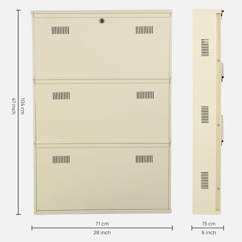 Image of Metal Shoe Rack Wall Mounted for Home with Central Locking |3 Door 28 inch Wall Mounted Metal 9 Pair Shoe Rack Cabinet | Pre-Assembled Rack Shelves |3 Year Warranty (Ivory)