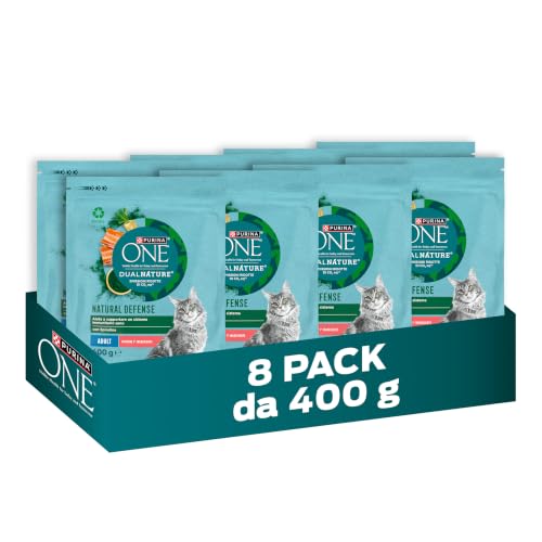 PURINA ONE Dualnature Natural Defense Crocchette per Gatti Adulti con Salmone e Spirulina Naturale 8 Sacchi da 400g
