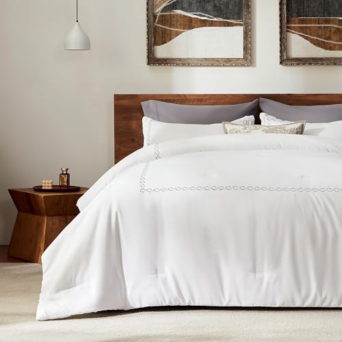 SLEEP ZONE Queen Comforter Set, Luxury Hotel Collection Comforter, 3 Pieces Fluffy Lightweight Down Alternative Duvet Insert with Embroidered Stripes (Wave Curves, Full/Queen)