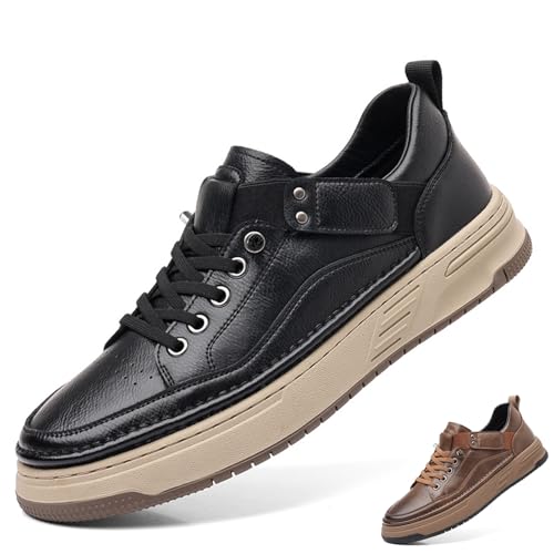 Men's Genuine Leather Round Toe Breathable Platform Fashion Sneakers Retro Comfortable Low Top Lace-Up Non-Slip Soft Sole Casual Walking Shoes Dress Daily Flat Skate Shoes
