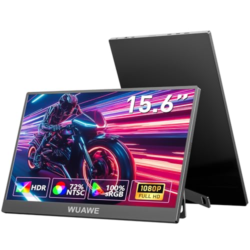 WUAWE Monitor portátil, 15,6 polegadas 72% NTSC 100% sRGB USB C HDMI monitor de viagem para laptop com suporte embutido, HDR Freesync baixa luz azul para PC, Mac, telefone, PS5 Switch