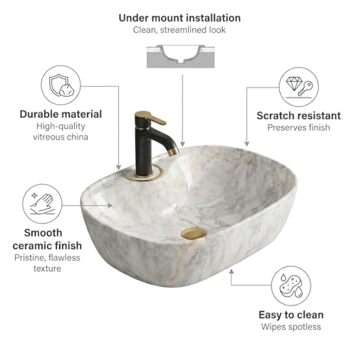 Image of Ceramic Tabletop Wash Basin - Glossy Rectangular Countertop Vessel Sink with Marble Finish for Bathroom & Vanity | Compact 18 x 13 x 5 Inch | Elegant Washbasin
