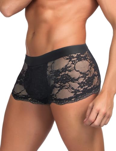 ohyeah Mens Sexy Lace Underwear Low Waist Boxer Briefs with Pouch Breathable Briefs Mesh Trunks Lingerie Underpants Fit S-XXL