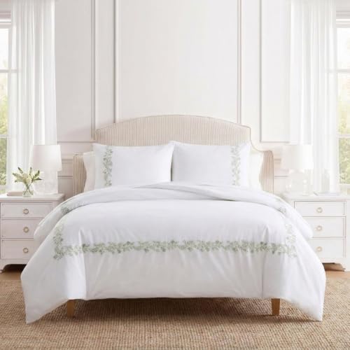 Image of Martha Stewart - Queen Comforter Set, Soft Cotton Front with a Smooth Cotton Percale Reverse, 3 Piece Bed Set with Matching Pillowcases (Garden Path Embroidery Green)