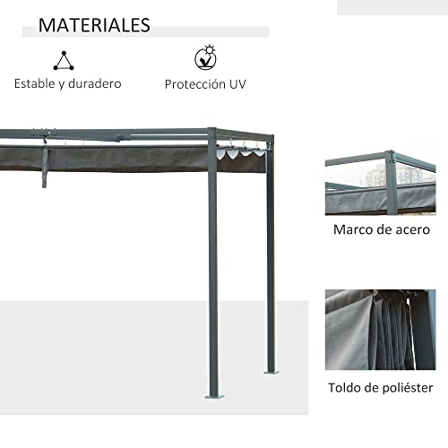 Outsunny Pérgola 3x2 m Cenador de Jardín Pabellón de Diseño Elegante con Techo Retráctil de Poliéster con Recubrimiento Resistente Anti-UV Impermeable para Celebraciones Fiestas Bodas Gris - imagen 3