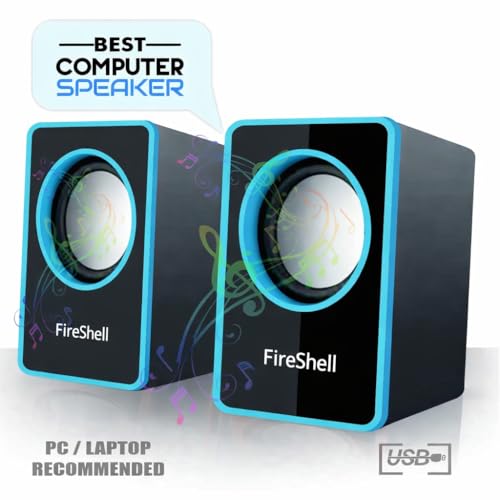 Image of Fireshell USB Powered Computer Speakers 6W Stereo Sound with Multicolor LED Lights, AUX Input & Volume Control Pod for PC, Laptop & Desktop (Blue)