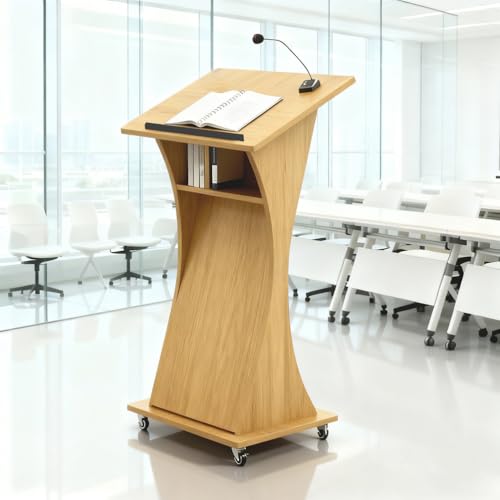 Image of Portable Wooden Podium Stand with Lockable Wheels, 42.5 inch Height Rolling Lectern for Churches, Lightweight White Pulpit, Perfect for Presentations & Events