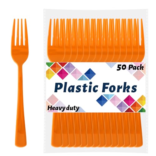CXPSINC Orange Plastic Forks Disposable 50 Count - 7.28 Inch Heavy Duty Disposable Cutlery Utensils Solid for Party Picnic Catering Daily Use & More (Orange)