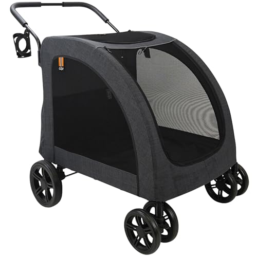 MY DUQUE - Carrello per cani Chester - Passeggino per cani di grossa taglia, passeggino per gatti, spazioso, trolley comodo, comprensivo di parapioggia, portabevande, carico max 50 kg, colore nero