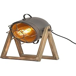 Lampara Mesita De Noche Industrial BarcelonaLED Lámpara de Mesa Vintage Diseño Industrial Gris con Proyector Orientable Pantalla Jaula Metalica Casquillo E27 y Base de Madera para Escritorio Salón Habitación Mesilla de Noche 28cm