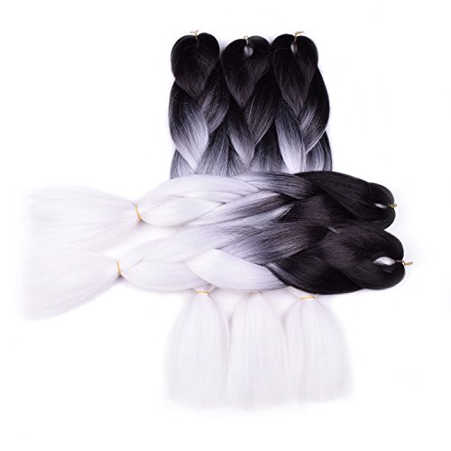 Bacana Ombre Braiding Hair (Black/White) 3 Pack Ombre Synthetic Braiding Hair Extension For Box Braids Senegal Twist Soft Fluffy High Temperature Fiber #TOP6