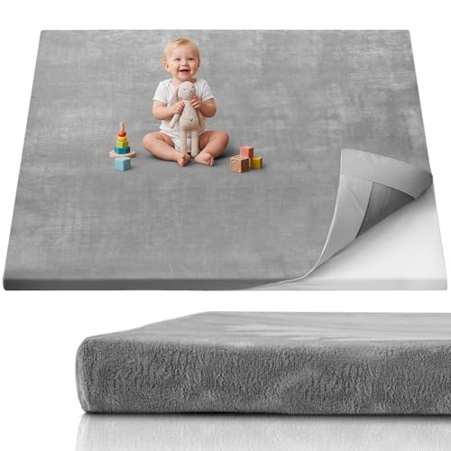 Blissful Diary 1.3 Thick Baby Play Mat 71x59 Playpen Mat with Removable & Washable Cover Extra Large Crawling Rug for Floor Foam Cushion & Non-Slip Backing for Kid Toddler and Infants Light Grey