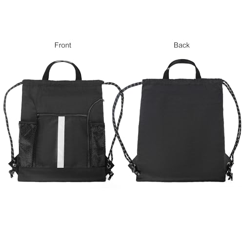 Image of BeeGreen Mix-Black-Drawstring-Backpack-Bag, Large String Sack with Shoe Compartment and Two Side Mesh Pockets Lightweight Sturdy For Gym