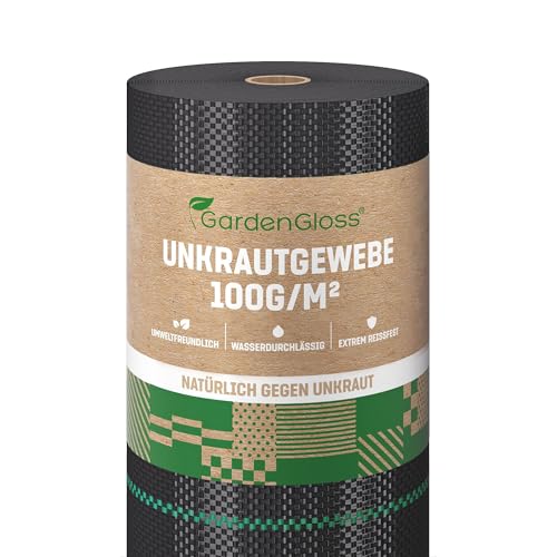 GardenGloss 50m² Anti-Unkrautgewebe 100g/m² – Wasserdurchlässig und Reissfest – Unterbodengewebe mit hoher UV-Stabilisierung – Bändchengewebe Unkrautfolie (50m x 1m, Rolle)