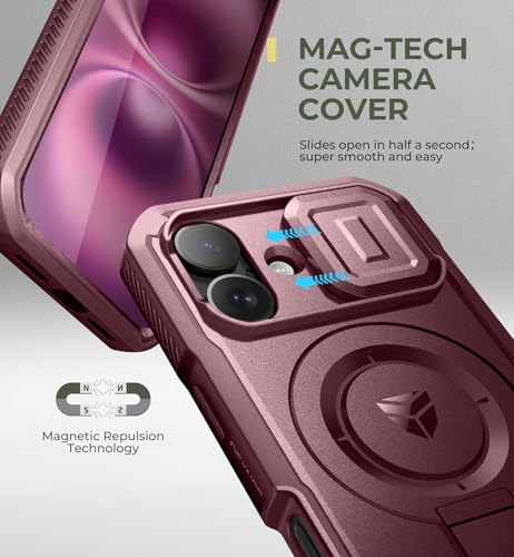 Image of Dexnor for iPhone 16 Case with Slide Camera Cover & Adjustable Kickstand & Built-in Screen Protector,Compatible Wireless Charging Shockproof Cases Heavy-Duty Magnetic Protective Cover,Maroon Red