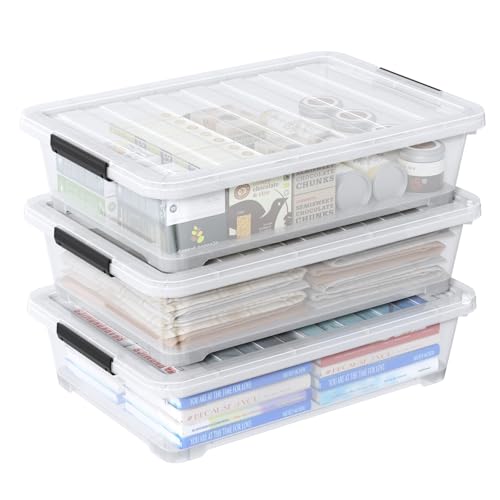 Image of 42 L 3 Packs Clear Plastic Under Bed Storage Container with Lid and Wheels, Underbed Stackable Boxes