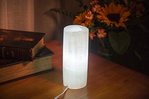 AMOYSTONE White Selenite Electric Lamp Natural Gemstones Crystals Light 3-4 lbs with Cord and Led Bulb Cylindrical 7
