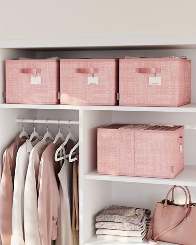 SONGMICS Pudełko do przechowywania Zestaw 3 składanych pudełek do przechowywania z tkaniny 40 x 30 x 24 cm szafy 2 uchwyty Etykieta sypialni Salon Pastelowy róż ROB440R01