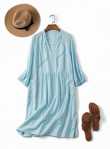 Lafural Womens V Neck Cotton Casual Loose Shift Tunic Smock Summer Dresses Vacation Dress 3/4 Sleeve Pocket2