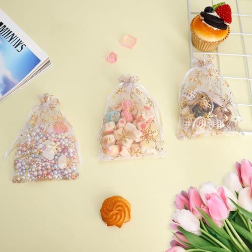 Image of Snowflake Organza Bags, 50 PCS Christmas Sheer Organza Bags with Drawstring 4 x 6 inch, Jewelry Gift Bag, Gold Small Mesh Goodies Xmas Wedding Favor Mini Candy Pouches Bag for Christmas Party Favors