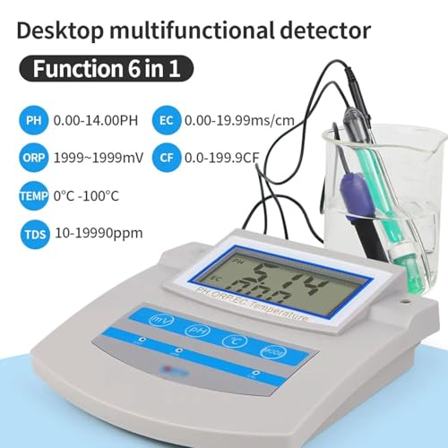 Misuratore di pH digitale 6 in 1 per laboratori e acquari, design da banco con compensazione della temperatura e risparmio di dati, ideale per pesca e aziende agricole