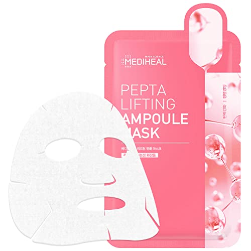 MEDIHEAL [Korea's No 1 Sheet Mask] Pepta Lifting Ampoule Mask, Pack of 15 - Peptides and Collagen Lifting Facial Mask Sheet, Revitalizing and Firming Stressed Skin, Silky Smooth Cellulose Sheet