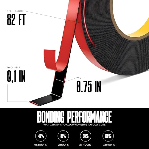 Image of Double Sided Tape - 3 /4″ x 0.1″ x 82-Foot Roll - Heavy Duty Acrylic Foam Mounting Tape - Waterproof, Gap-Filling, Vibration-Dampening Bond Holds up to 1 lb per inch
