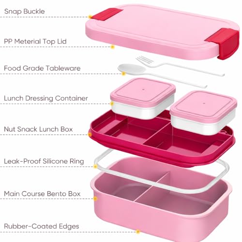 Image of YELONA Lunch Box for Office & Kids 1900ML | Double Layer Leakproof Bento Box with 5 Compartments | Microwave Safe, Built-in Spoon & Fork, BPA Free Tiffin Box - Pink