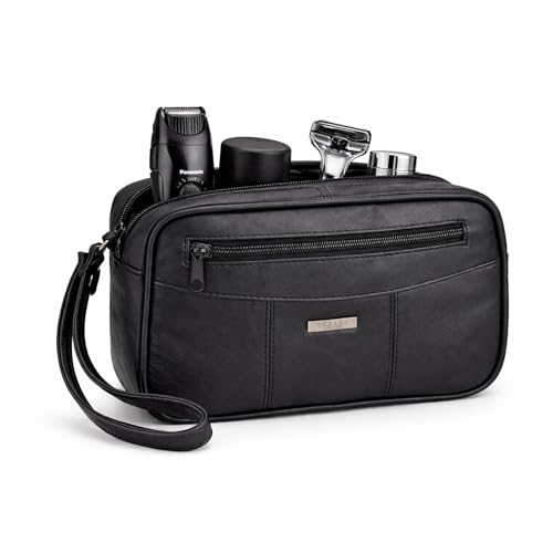 Woodland Leathers Mens Wash Bag Small Compact Sheep Nappa Toiletry Bag with Top & Back Zips Travel Small Washbag for Men Fit in Your Carry-on (Black Leather)