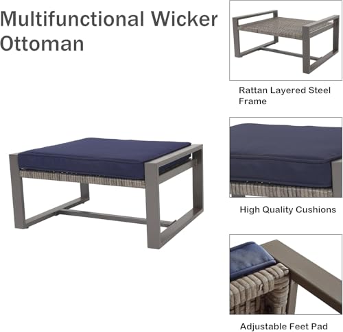 Image of LOKATSE HOME Patio Conversation Bistro Set 5 Pieces Outdoor PE Wicker Rattan Sofa Furniture Cushioned Chairs and Ottomans with Tempered Glass Coffee Table for Backyard, Garden, Porch